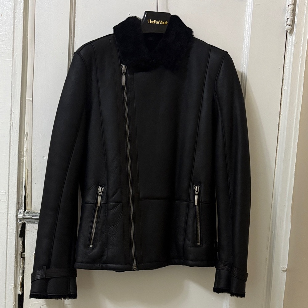 INFINITY Black Leather Jacket with Fur Collar Size S